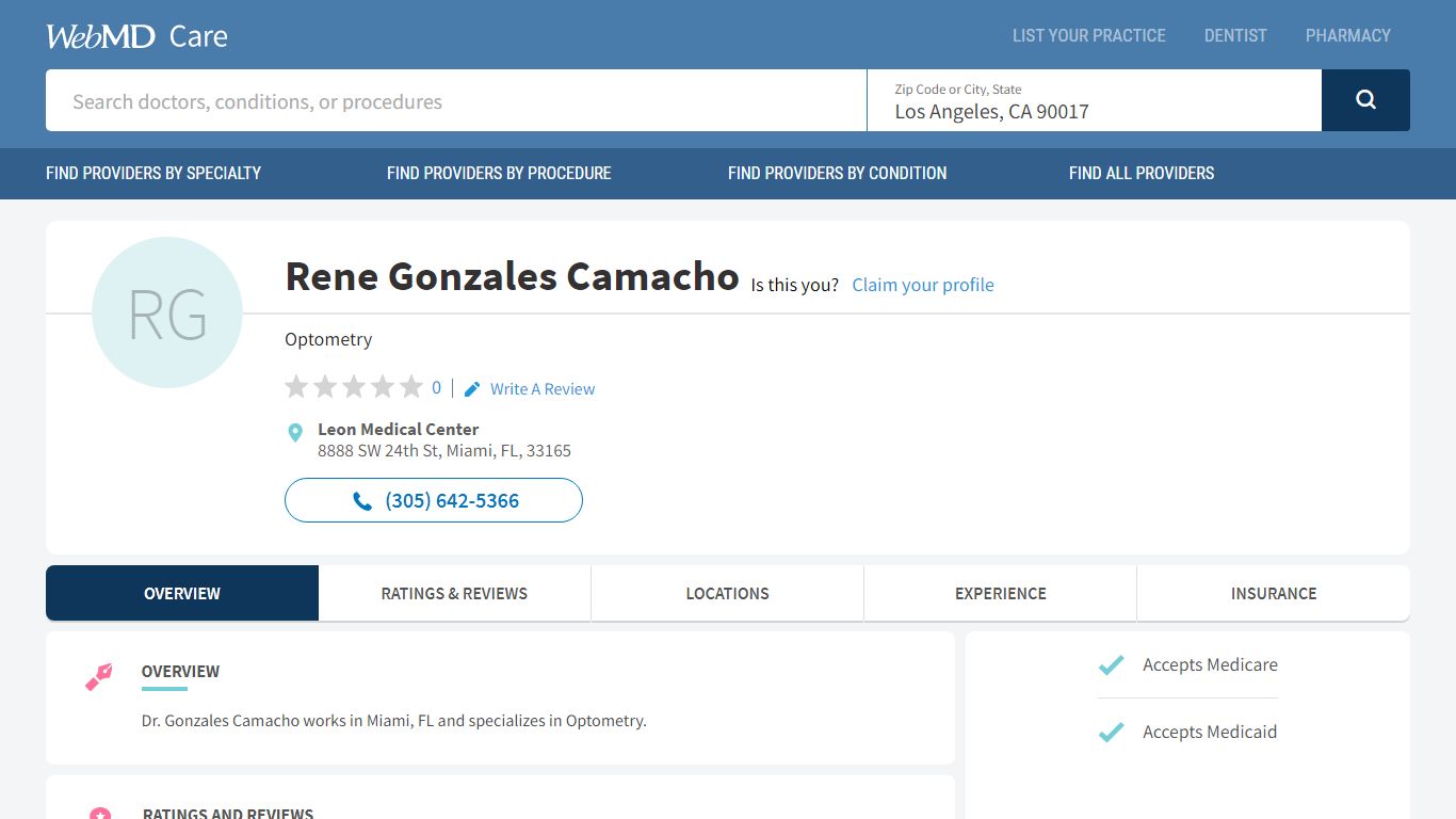 Rene Gonzales Camacho Optometry. Miami FL - WebMD